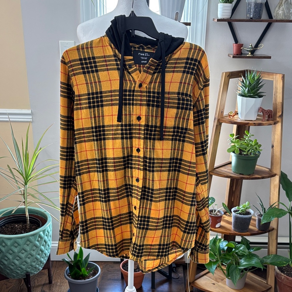 Rue 21 Yellow and Black Plaid Shirt with hood size S